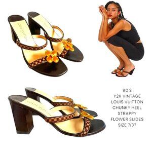 90'S Y2K VINTAGE LOUIS VUITTON‎ STRAPPY FLOWER CHECKER FUR SLIDES HEELS SZ. 7